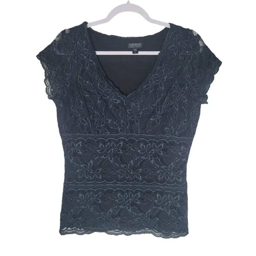 One West Lace Top Women's Size Large Black Y2K Romantic Goth Fairy Vintage Lined